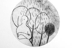 August listens to the rain. Drypoint etching, 10.5 × 10.5 cm, 2016.
