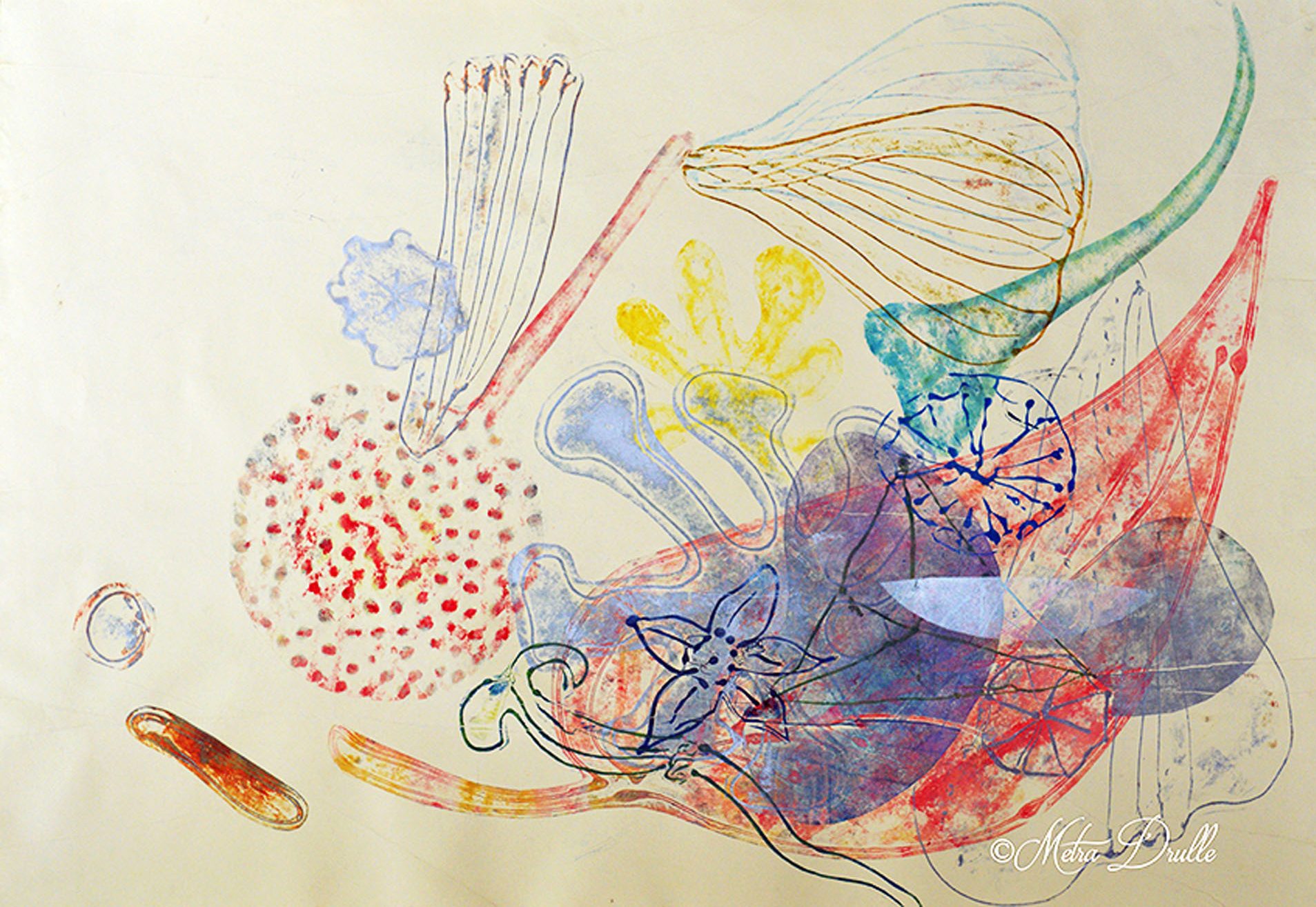 Abstract collagraphy print with soft blue and coral botanical forms by Mētra Drulle.