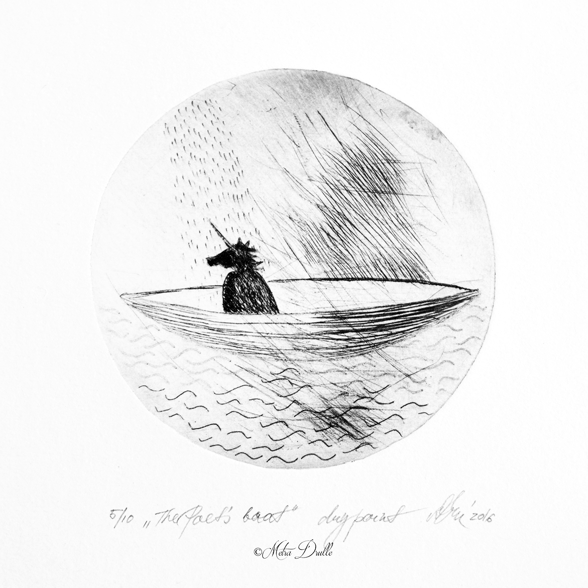 A circular drypoint etching titled The Poet's boat. A dark solitary unicorn figure stands in a small boat on turbulent water beneath a rain-streaked sky. Monochrome, rondo format. Part of the Miniatures – Circle Stories series. 10.5 × 10.5 cm.