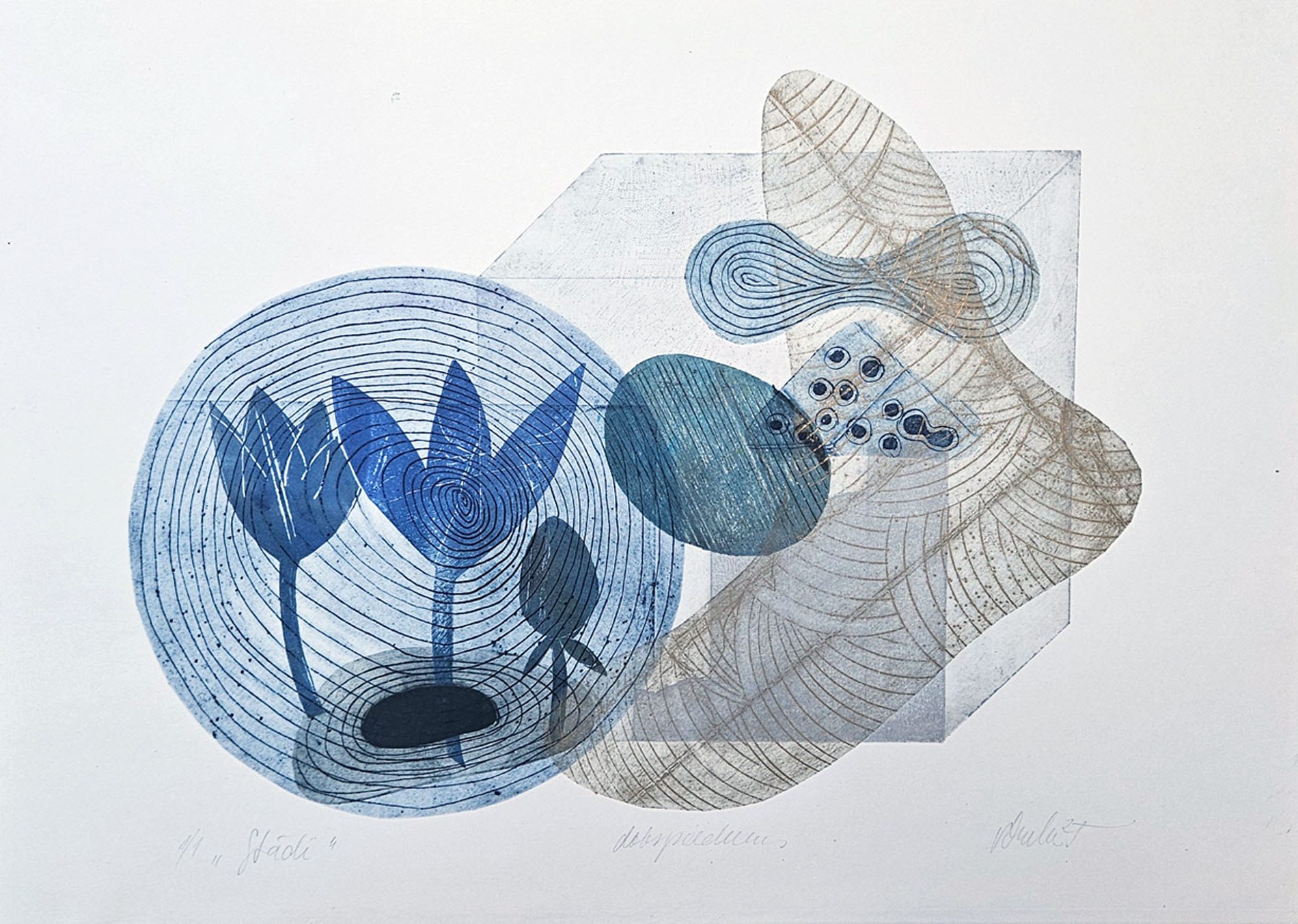 Mixed media print with architectural box structure and botanical elements, blue and grey tones, greenhouse interior.